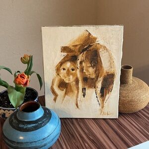 Original Abstract Portrait Painting Neutral Wall Art Signed Jenkins